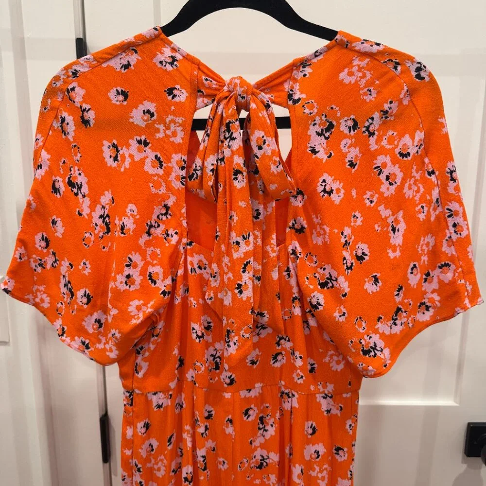 Whistles Vibrant Orange Floral Print Midi Dress, Size 2